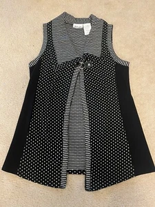 Patchington Womans M Black/White Polka Dot/Striped Collared Sweater Vest Open - Picture 1 of 8
