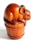 M8215 - 2" Hand Carved Boxwood Netsuke Figurine - Lovely Mouse on Barrel