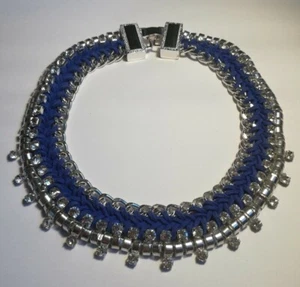 Halskette Collier Blau Silber Strass Steine Leder Metall breit - Bild 1 von 4