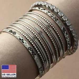 Women 10PC Set Retro Ancient Silver Snakeskin Gem Jewelry Wrist Bracelet 0404 - Picture 1 of 4