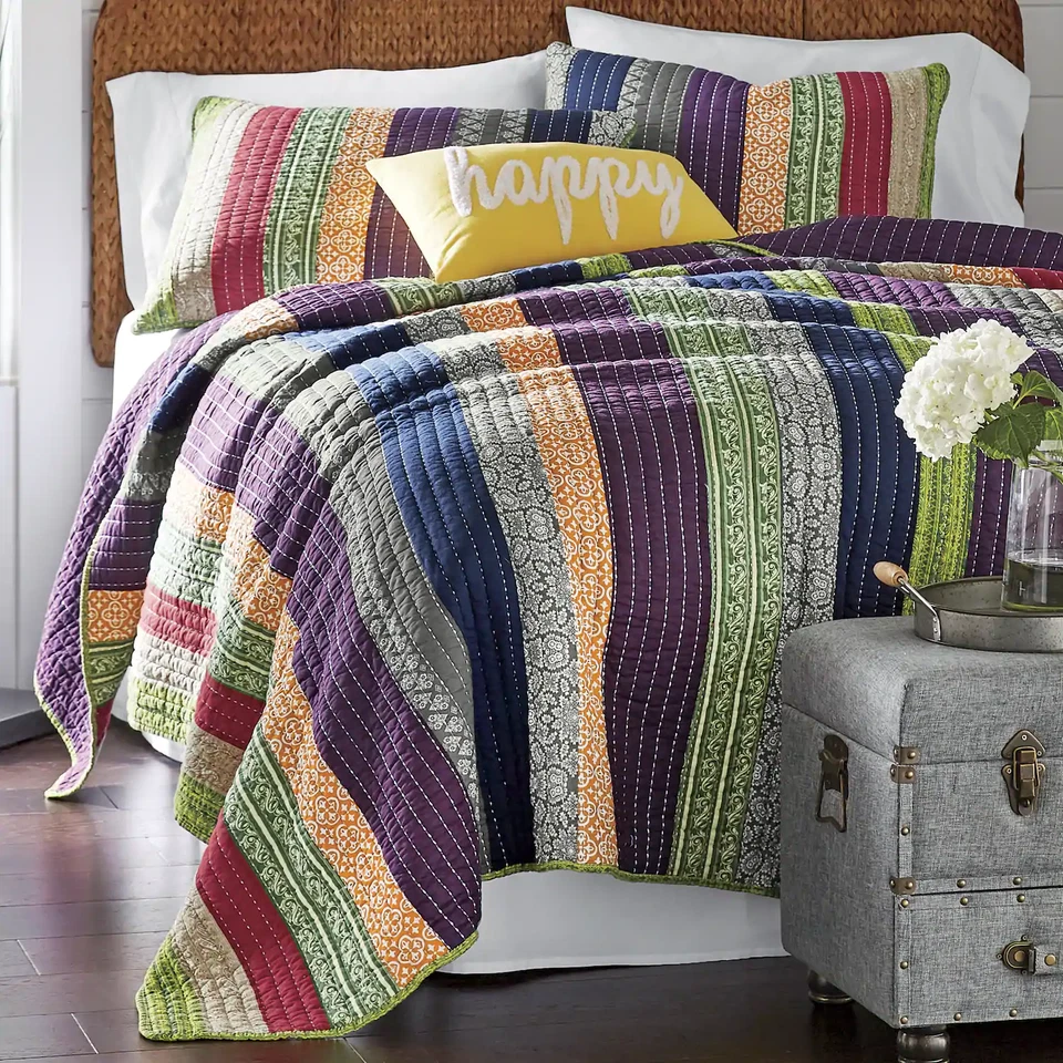 BEAUTIFUL BLUE PURPLE GREY RED GREEN ORANGE STRIPE BOHEMIAN SOUTHWEST QUILT SET - Image 1 of 1