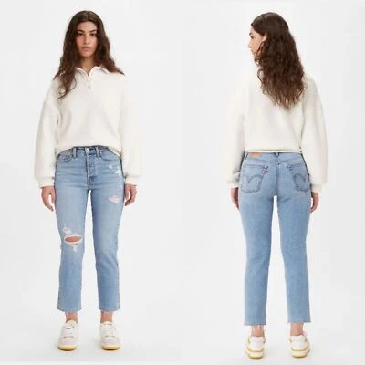 Levi's Wedgie Straight Button Fly Distressed Raw Hem Jeans, Medium Indigo - 32 - Image 1 of 4