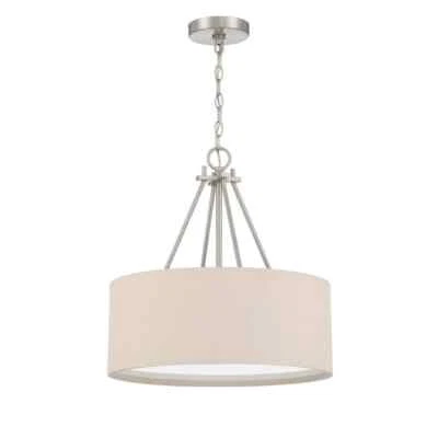 Colgante isla níquel cepillado 3 luces Duke 60W hecho a mano con tono de tela beige Foto 1 de 4