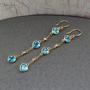 6mm Heart Cut Natural Swiss Blue Topaz Diamond Dangle Earrings In 14k Solid Gold - Picture 1 of 8