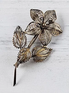 Vintage 800 Silver Filigree Flower Brooch - Picture 1 of 5