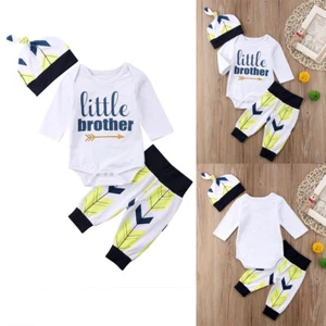 Newborn Baby Boy Baby Girl Clothes Letter Print Long Sleeve Bodysuit Hat Set - Picture 1 of 7