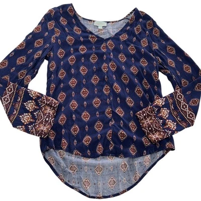 Blusa Top Veronica M Camisa Mujer Pequeña Azul Boho Manga Larga Estampado Diamante Foto 1 de 4
