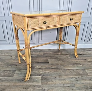 Retro Vintage Bamboo Rattan Framed Wicker Panelled Writing Desk Dressing Table - Picture 1 of 24