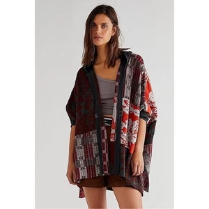 Poncho Cárdigan Free People Otoño Patchwork Capucha Manga Dolman Gris Naranja M/L - Imagen 1 de 11