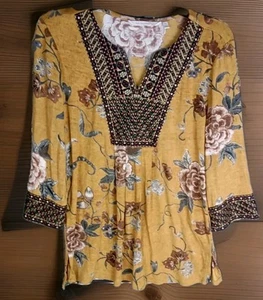 Soft Surroundings Yellow Gold Floral Embroidered Knit Tunic Sz PS V Neck - Picture 1 of 8