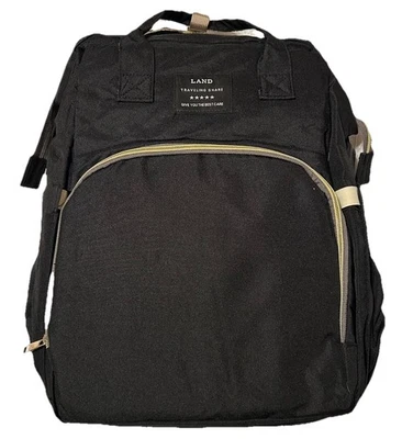 NEW - Land Traveling Share Diaper Bag Backpack Black Fold Out Changing Bed 15x14 - Image 1 of 4