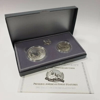 (1) 1991 Mount Rushmore Silver Dollar & Half Dollar MS/UNC 2 Coin Set w/Box& COA - Image 1 of 3