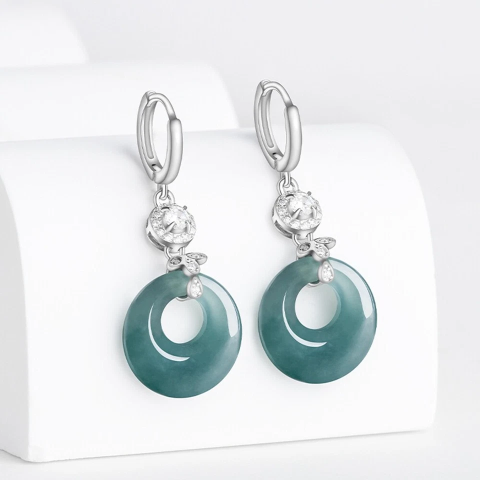 Pendientes colgantes con incrustaciones de plata 925 de jadeíta azul hielo certificado Donut Foto 1 de 1