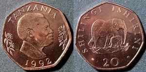 Tanzania 1992 20 Shilingi Elephants KM-27.2 Nickel plated steel BUNC #10 No2 - Picture 1 of 1