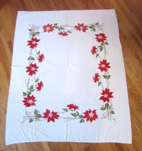 Vintage ROTER POINTSETTIA BLUMEN WEIHNACHTEN URLAUB WINTER TISCHDECKE ~ 57" x 74" - Bild 1 von 8