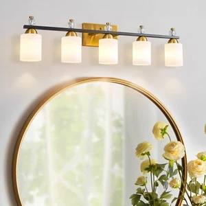 White Glass Bathroom Vanity Light Fixtures 5 Light Mid Century Black Gold Van... - Picture 1 of 7