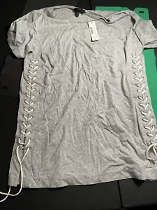 J.CREW Lace Up Tunic T-Shirt Solid Gray Crew Neck Short Sleeve Cotton Small - Picture 1 of 7