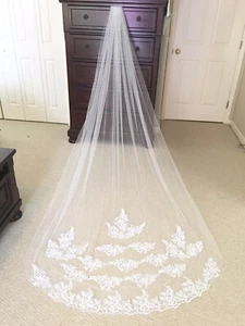 White Ivory 3m/10 Ft Wedding Cathedral Veil 1T One Layer Lace Appliqué Edge - Picture 1 of 9