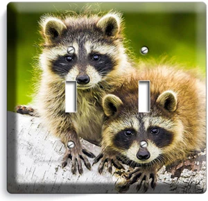 CUTE LITTLE WILD RACCOONS ON A TREE 2 GANG LIGHT SWITCH WALL PLATE HD ROOM DECOR - Foto 1 di 1