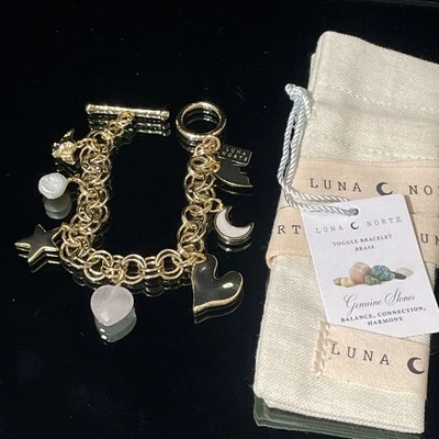 Luna Norte Gold Tone Genuine Multi Stone Charm Bracelet Toggle Clasp 6.5” NWT - Image 1 of 4