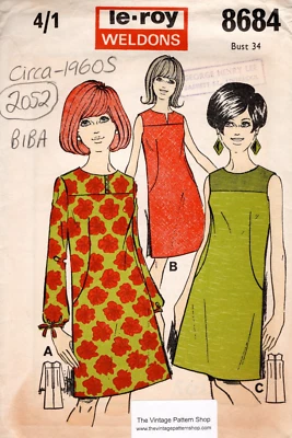 1960s Vintage Sewing Pattern B34in DRESS (2052)  Le Roy Weldons 8684 BIBA - Image 1 of 4