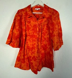 Charter Club Luxury Womens Orange Floral Linen-Blend Button-Front Blouse XL NWOT - Picture 1 of 9