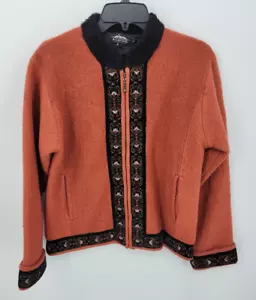 Icelandic Design Jacket Womens Small Orange Boiled Wool Zip Up Fair Isle Nordic - Picture 1 of 9