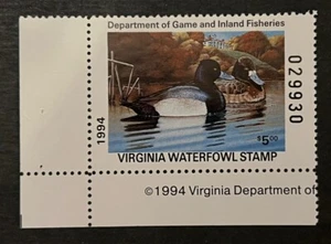 Travelstamps: 1994 Virginia State Duck Stamp - $5 - Mint MNH OG - Picture 1 of 5