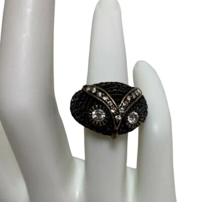 Lucky You Rhinestone Owl Ring Size 7 Brass Tone Goth Witchy Whimsigoth Signed - Image 1 of 4