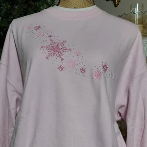 Vintage Women's XL Pink Embroidered Beaded Snowflake Grandma Crewneck Sweatshirt - Picture 1 of 9
