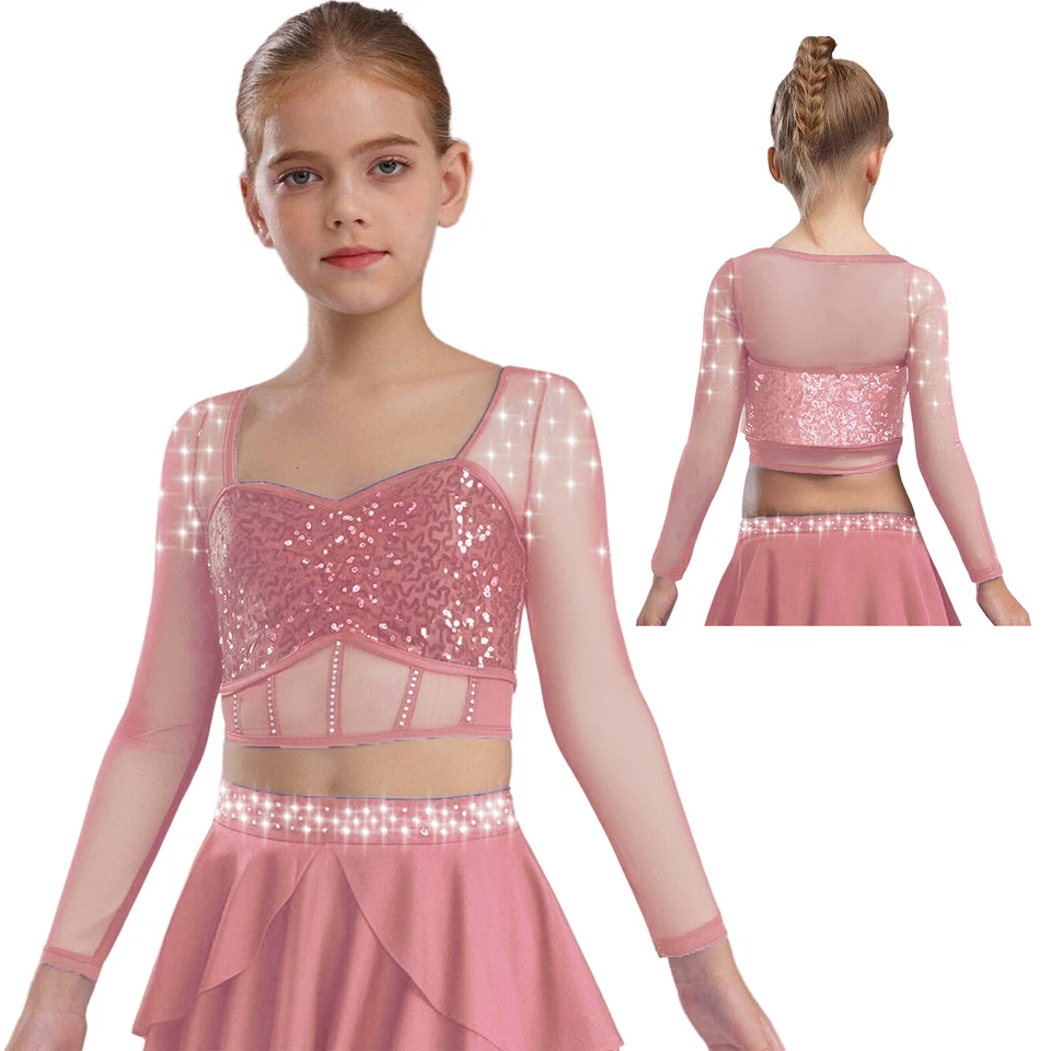 Girl's Illusion Mesh Shiny Sequins Rhinestones Corset Crop Top Dance Performance - Image 1 of 3