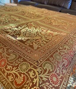 Table Cloth, Cover, Wall Tapestry, 40 X 40 Inches, Brown and Gold, Brocade, Silk