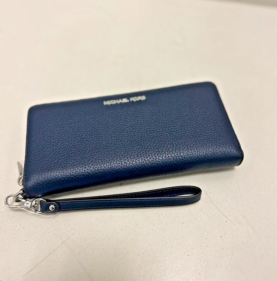 Michael Kors Jet Set Travel CONTINENTAL Wallet Leather Navy Silver Hardware