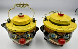 Vintage Thames Redware Clown Creamer & Sugar Bowl Set Yellow Lid Metal Handle - Picture 1 of 8