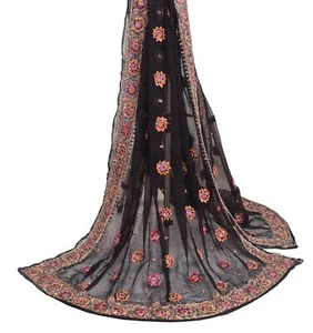 Sushila Vintage HEAVY Black Scrap Dupatta Pure Georgette Sequins Embellish Stole - Picture 1 of 10
