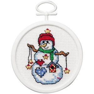 Starry Snowman Mini Counted Cross Stitch Kit 2.5" Round 18 Count - Picture 1 of 3