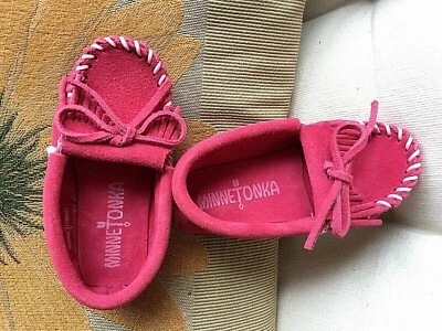 Minnetonka Pink Suede Moccasins 6 Inches Long - Image 1 of 3