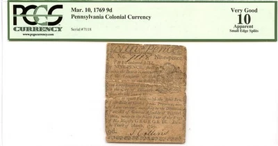 Pennsylvania Colonial Note Fr#PA-137 March 10, 1769 9d PCGS VG-10 *15 Known* - Image 1 of 2