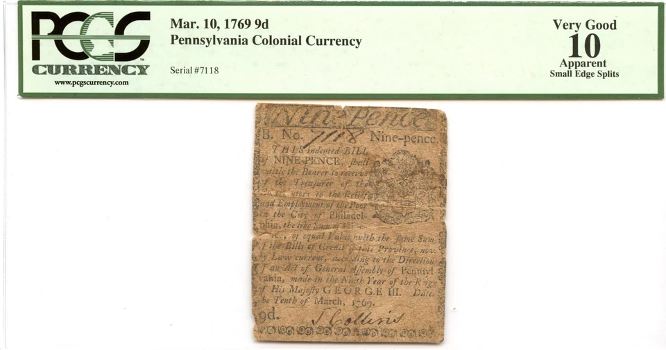 Pennsylvania Colonial Note Fr#PA-137 March 10, 1769 9d PCGS VG-10 *15 Known* - Image 1 of 2
