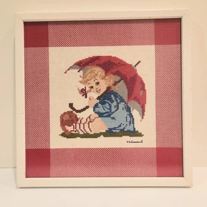Vintage Framed Cross Stitch Hummel Umbrella Girl W/ Red & White Border 12" x 12" - Picture 1 of 9