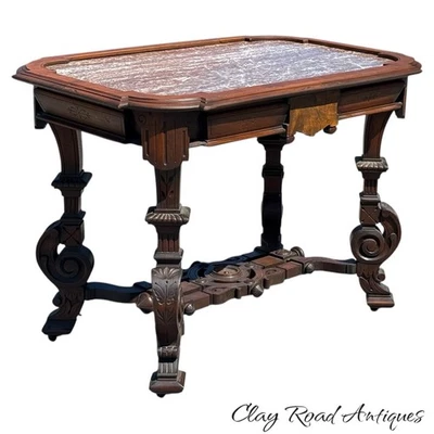 Antigua mesa de salón de mármol tallado con tapa de nogal centro victoriano renacentista burl Foto 1 de 4