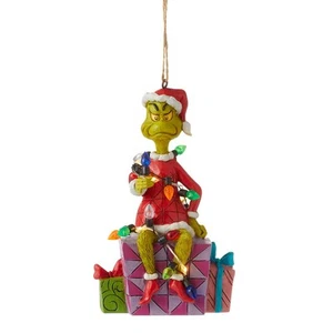 Dr. Seuss Grinch by Jim Shore Santa Grinch Sitting on Present Lit Hanging Orn... - Picture 1 of 5