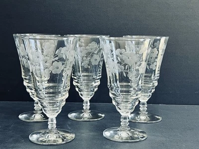 Vintage 1950’s Libbey Rock Sharpe Set (5) 6-3/8” Floral Ice Tea Glasses - Image 1 of 4