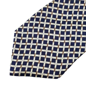 Suzhou Silk White Navy Blue Brown Geometric 100% Silk Neck Tie A176 - Picture 1 of 6