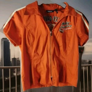 Harley-Davidson Women's Short Sleeve Size Xl Zip Up Garage Shirt Orange Biker - Picture 1 of 11