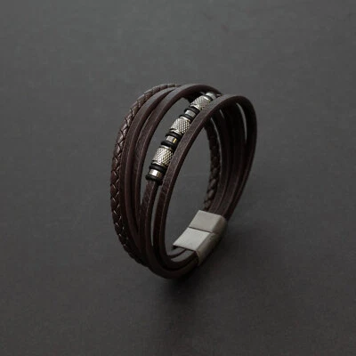 Edelstahl Leder Armband geflochten dunkelbraun Magnetverschluss Herren Geschenk - Bild 1 von 4