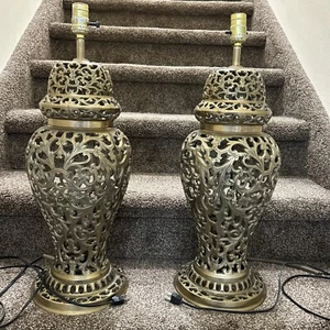 RARE TWO Vintage Brass Open Fretwork Cage Design Lamps, 2 Yd Cord, Heavy (516) - Picture 1 of 7