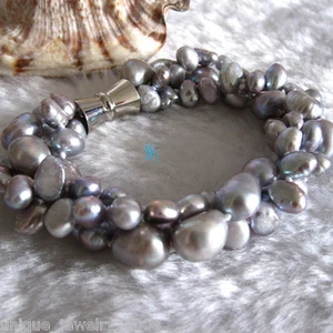 8" 5-9mm Silver Gray Baroque 3Row Freshwater Pearl Bracelet - Bild 1 von 4