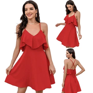 Women's V Neck Mini Sleeveless Dress Ladies Beach Swing Sundress Summer Holiday - Picture 1 of 33