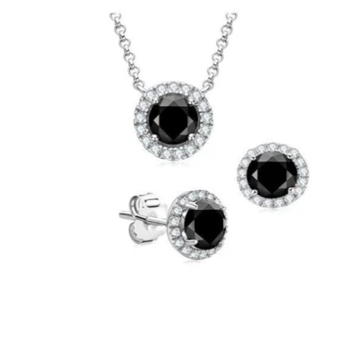 Набор женских кулонов круглой огранки 3 карата с черными лабораторными бриллиантами покрытие белым золотом 14 карат - Изображение 1 из 4